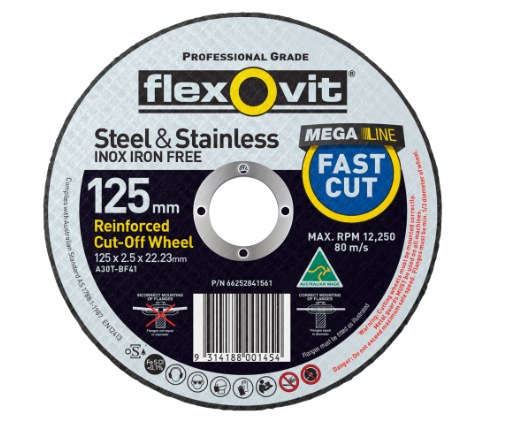 FlexOvit Maxi Tub Cut-Off Disc Ultra Fast Cut Steel/Inox 125 x 1.0 x 22.23mm 66252837709 (Pkt:100) - SKU Flexovit:66252837709-Pickup