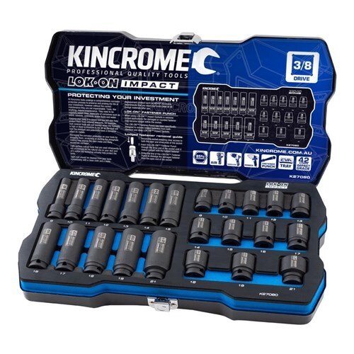 Kincrome Lok-On™ Standard & Deep Impact Socket Set 24 Piece 3/8" Drive - Metric - SKU Kincrome:K27080 Kincrome Lok-On™ Standard & Deep Impact Socket Set 24 Piece 3/8" Drive - Metric - SKU Kincrome:K27080